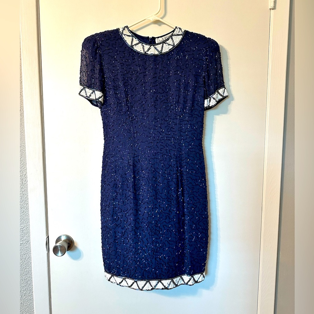 A.J. Bari vintage late 80’s/early90’s navy beaded cocktail dress